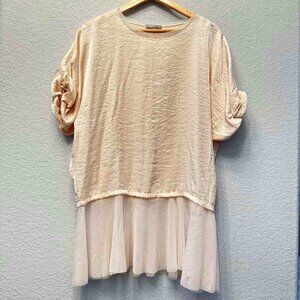 Zara Tunic Top Small Pink Cream Tulle Hem Short Sleeve Satin